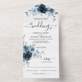 Navy Dusty Blue Flowers Botanical Wedding RSVP All In One Einladung