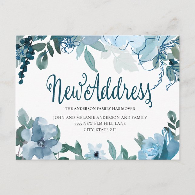 Navy Dusty Blue Flowers Niedliche Change Address Postkarte (Vorderseite)