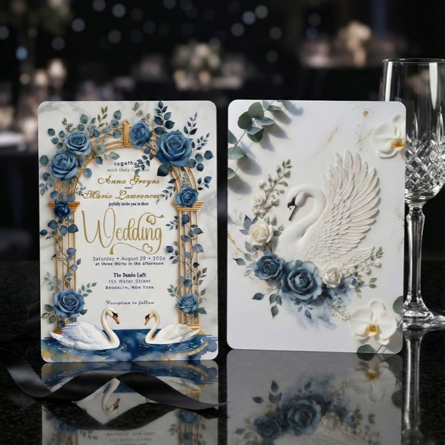 Navy Dusty Blue Gold Faux Foil Floral Swan Wedding Einladung (Von Creator hochgeladen)