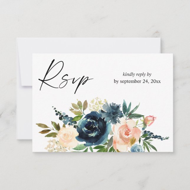 Navy & Dusty Blue Pink Floral 2mit Meetingkarte RS RSVP Karte (Vorderseite)