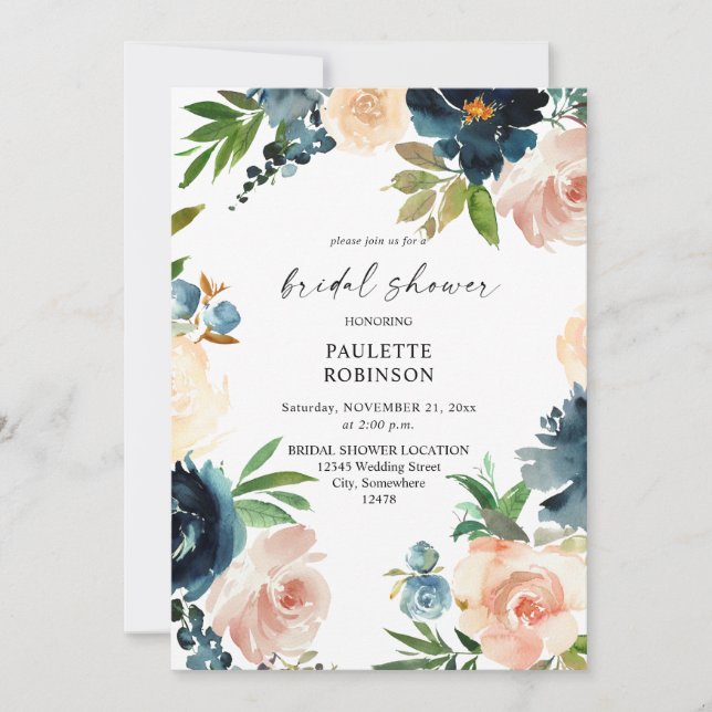 Navy & Dusty Blue, Pink Floral Brautparty Einladung (Vorderseite)