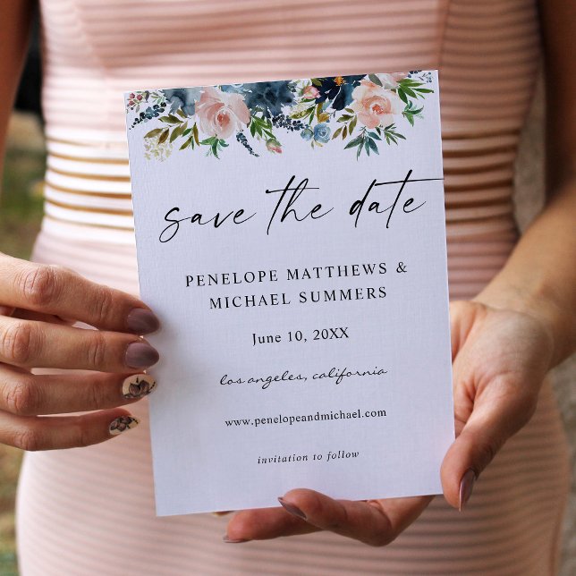 Navy Dusty Blue & Pink Floral Save the Date V2 (Von Creator hochgeladen)