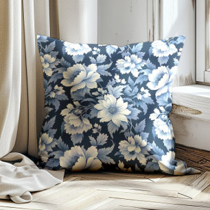 Navy Dusty Blue Vintage Blumenmuster Kissen