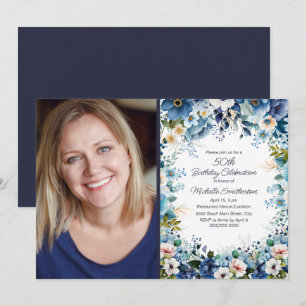 Navy Dusty Blue Weiße Blumen 50. Geburtstagsfoto Einladung