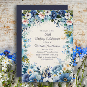 Navy Dusty Blue Weiße Blumen 75. Geburtstag  Einladung