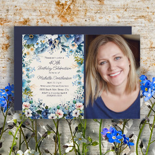 Navy Dusty Blue Weiße Blumen 75. Geburtstagsfoto Einladung