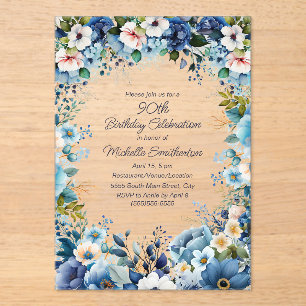 Navy Dusty Blue Weiße Blumen 90. Geburtstag Acryleinladungen