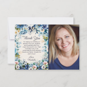 Navy Dusty Blue Weiße Florale Geburtstagsfoto Dankeskarte