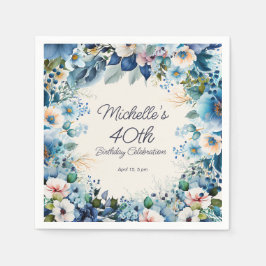 Navy Dusty Blue White Floral 40. Geburtstag Serviette