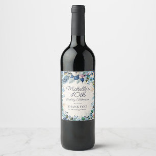 Navy Dusty Blue White Floral 40. Geburtstag Weinetikett