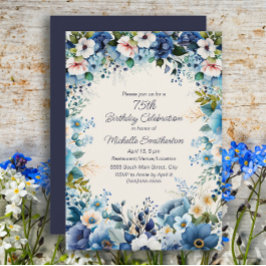 Navy Dusty Blue White Floral 75. Geburtstag Einladung