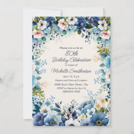 Navy Dusty Blue White Floral 75. Geburtstag Einladung