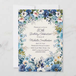 Navy Dusty Blue White Floral 75. Geburtstag Einladung