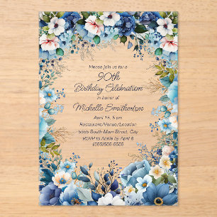 Navy Dusty Blue White Floral 90. Geburtstag Acryleinladungen