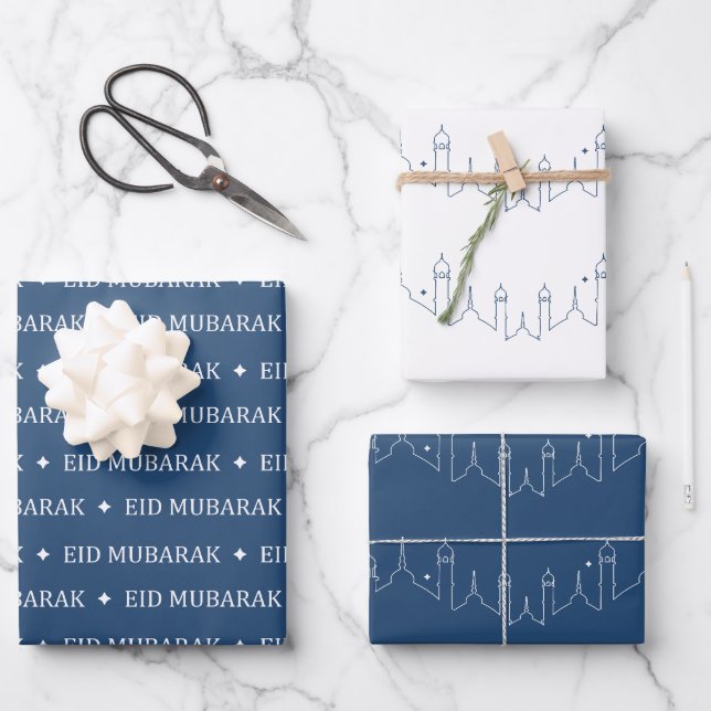 Navy Eid Mubarak Masjid Muster Geschenkpapier Set (Vorderseite)