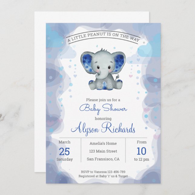 Navy Elefant Watercolor Baby Shower Einladung (Vorne/Hinten)
