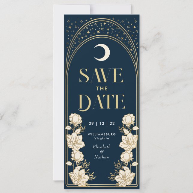 Navy Elegant Arch Art Nouveau Save the Date Einladung (Vorderseite)