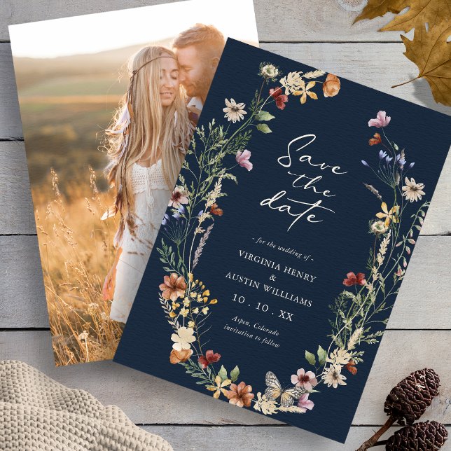 Navy Elegant Foto Boho Save the Date (Navy Elegant Photo Wildflower Boho Save The Date with Butterfly by Painted Paperie
)