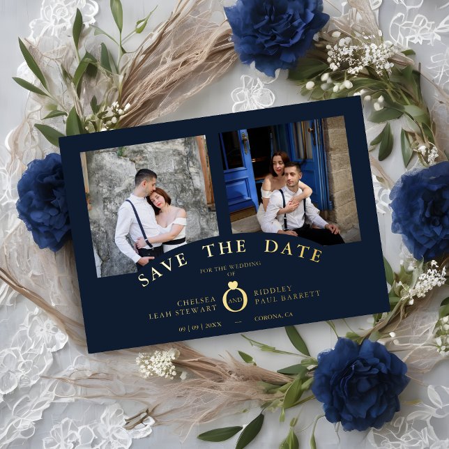 Navy Elegant Gold 2 Photos Sophisticated Wedding Folieneinladung (Navy Elegant Gold 2 Photos Sophisticated Wedding Real Metallic Foil Save the Card with Envelope. )