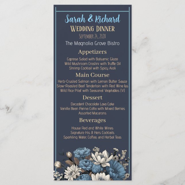 Navy Elegant Moody Floral Wedding Menükarte (Vorderseite)