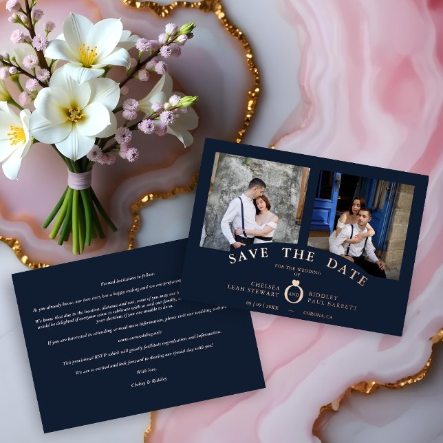 Navy Elegant Rose Gold 2 Photos Sophisticated  Folieneinladung (Navy Elegant Rose Gold 2 Photos Sophisticated Wedding Real Metallic Foil Save the Cards.)