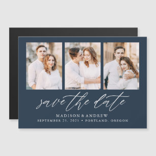 Navy Elegant Script 3 FotoCollage Save the Date Magneteinladung