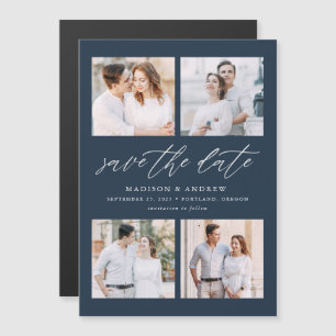 Navy Elegant Script 4 Foto Collage Save The Date Magneteinladung
