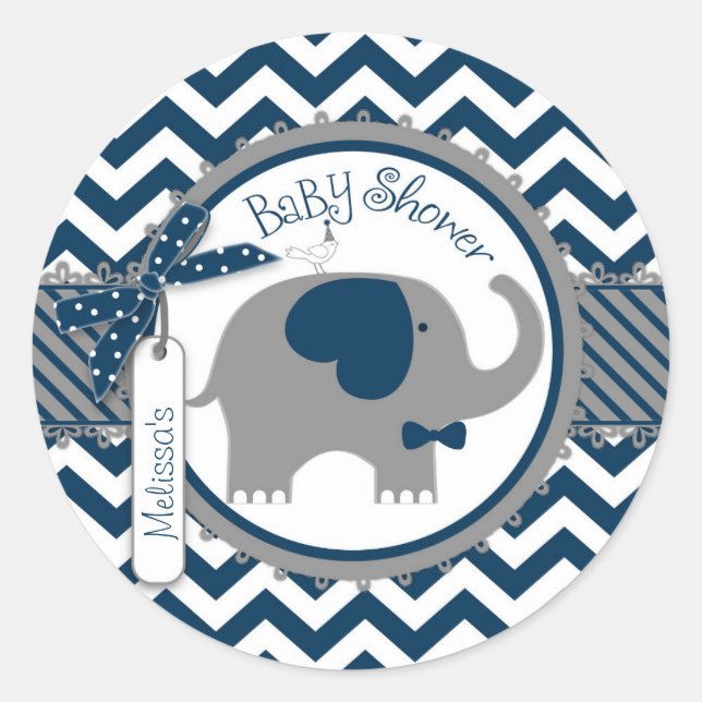Navy Elephant Bow-Krawatte Zickzack Print Baby Sho Runder Aufkleber (Vorderseite)