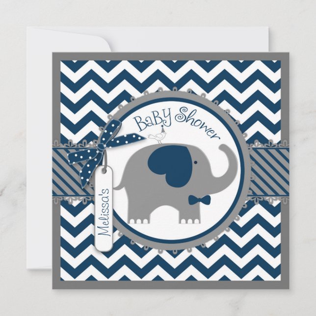 Navy Elephant und Zickzack Print Baby Shower Einladung (Vorderseite)