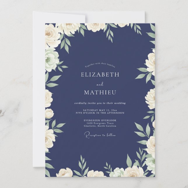Navy Elfenbein Blatt Hochzeit Einladung (Vorderseite)