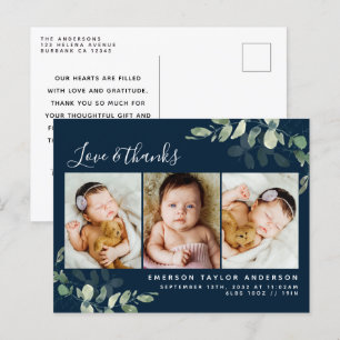 Navy Eucalyptus Foto Baby Vielen Dank Ankündigung Postkarte