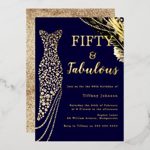 Navy Fifty & Fabulous Gold Kleid 50. Geburtstag Folieneinladung
