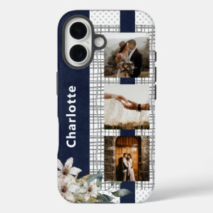 Navy Floral 3 Foto Jubiläum Paar Name iPhone 16 Hülle