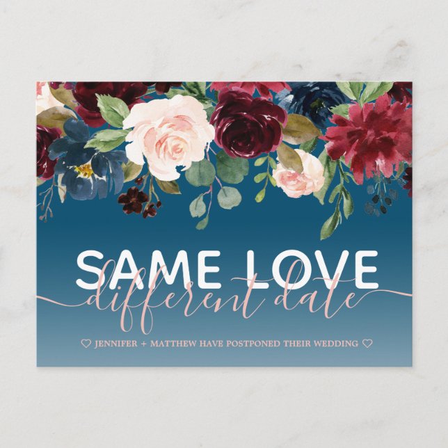 Navy Floral Andere Date Hochzeit Typografie Foto Ankündigungspostkarte (Vorderseite)