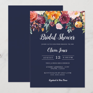 Navy-Floral-Brautparty-Karte Einladung