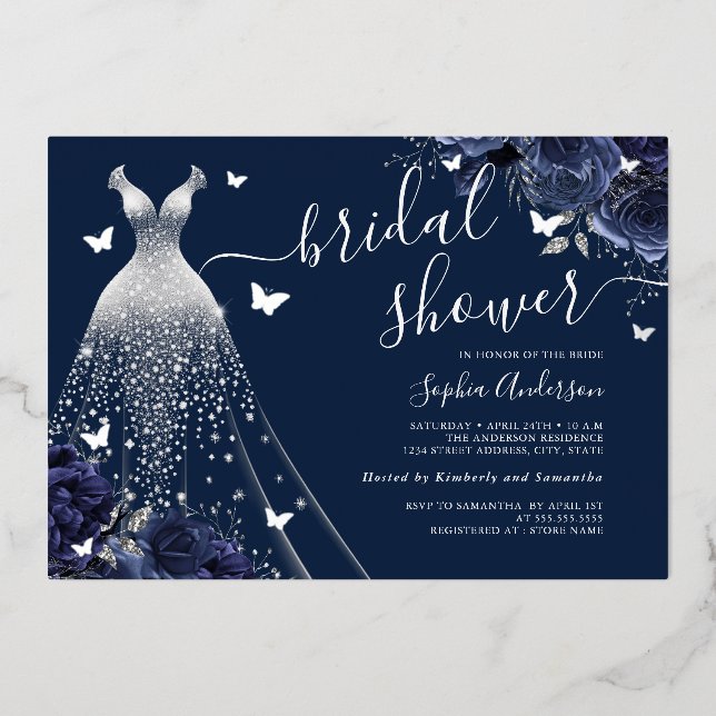 Navy Floral Butterfly Sparkress Brautparty Folieneinladung (Vorderseite)
