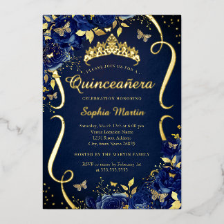 Navy Floral Butterfly Tiara Quinceanera Folieneinladung
