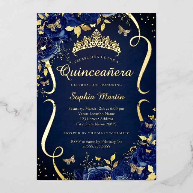 Navy Floral Butterfly Tiara Quinceanera Folieneinladung (Vorderseite)