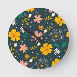 Navy Floral Garden Whimsical Spring Pattern Runde Wanduhr