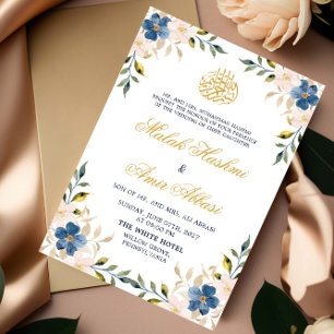 Navy Floral Gold islamische arabische Hochzeit Einladung