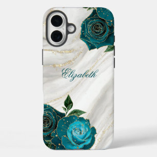 Navy Floral Gold Marmor iPhone 16 Plus Hülle