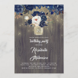 Navy Floral Mason Jar Rustic Geburtstagsparty Einladung