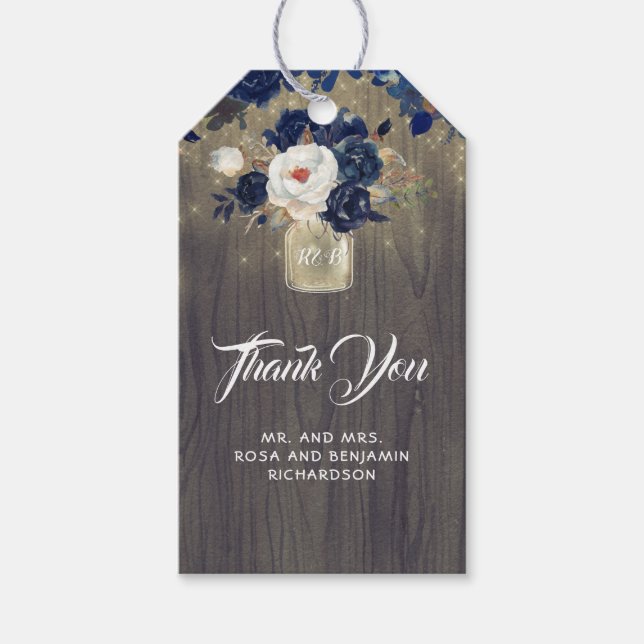 Navy Floral Mason Jar Rustic Wedding Geschenkanhänger (Vorderseite)