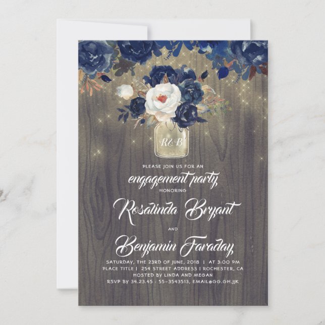 Navy Floral Mason Jar Rustikale Engagement Partei Einladung (Vorderseite)