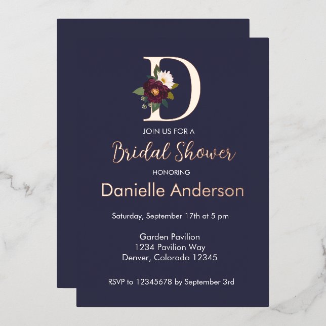 Navy Floral Monogram Letter D Brautparty Gold Folieneinladung (Vorderseite/Rückseite)