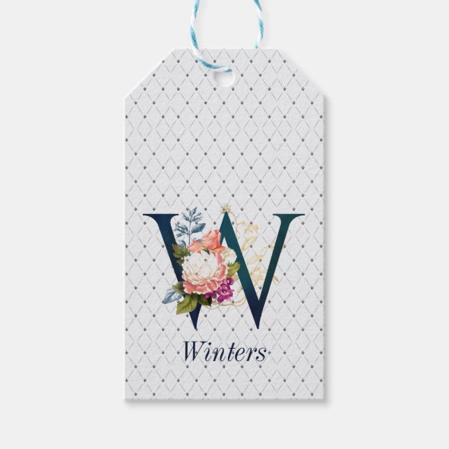 Navy Floral Monogram W Geschenkanhänger (Vorderseite)