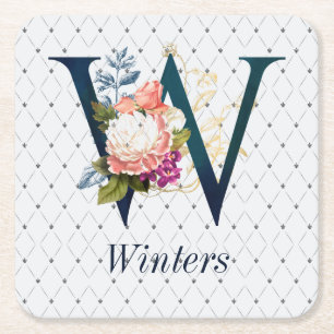 Navy Floral Monogram W Rechteckiger Pappuntersetzer