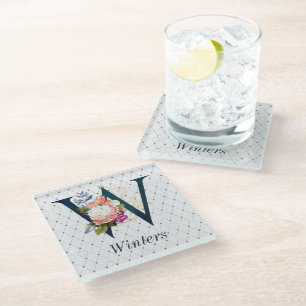 Navy Floral Monogram W Square Untersetzer