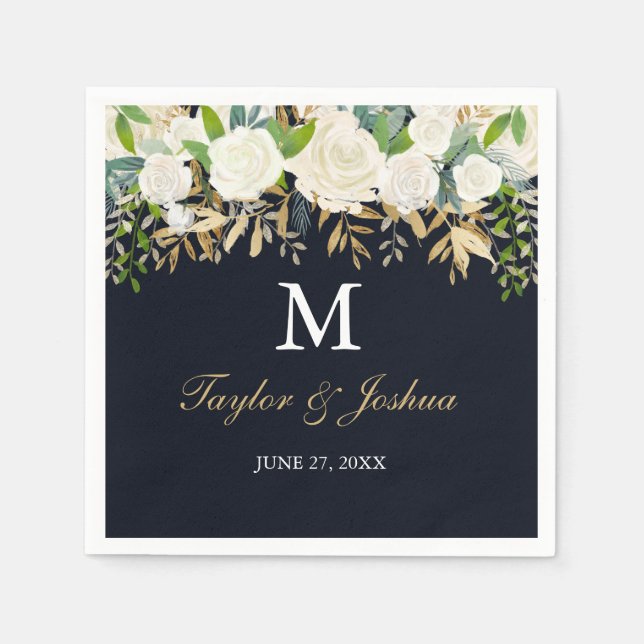 Navy Floral Monogram Watercolor Wedkin Napkin Serviette (Vorderseite)