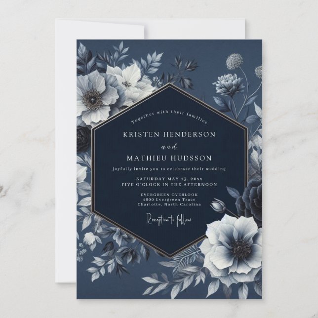 Navy Floral Nocturnal Romance Wedding Einladung (Vorderseite)